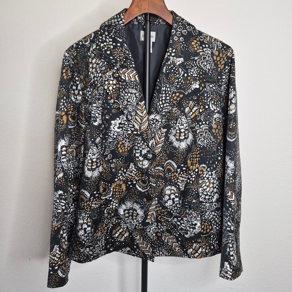 Chico's Blazer Cotton Silk Metallic Botanical Print Black Gold Silver Size 2